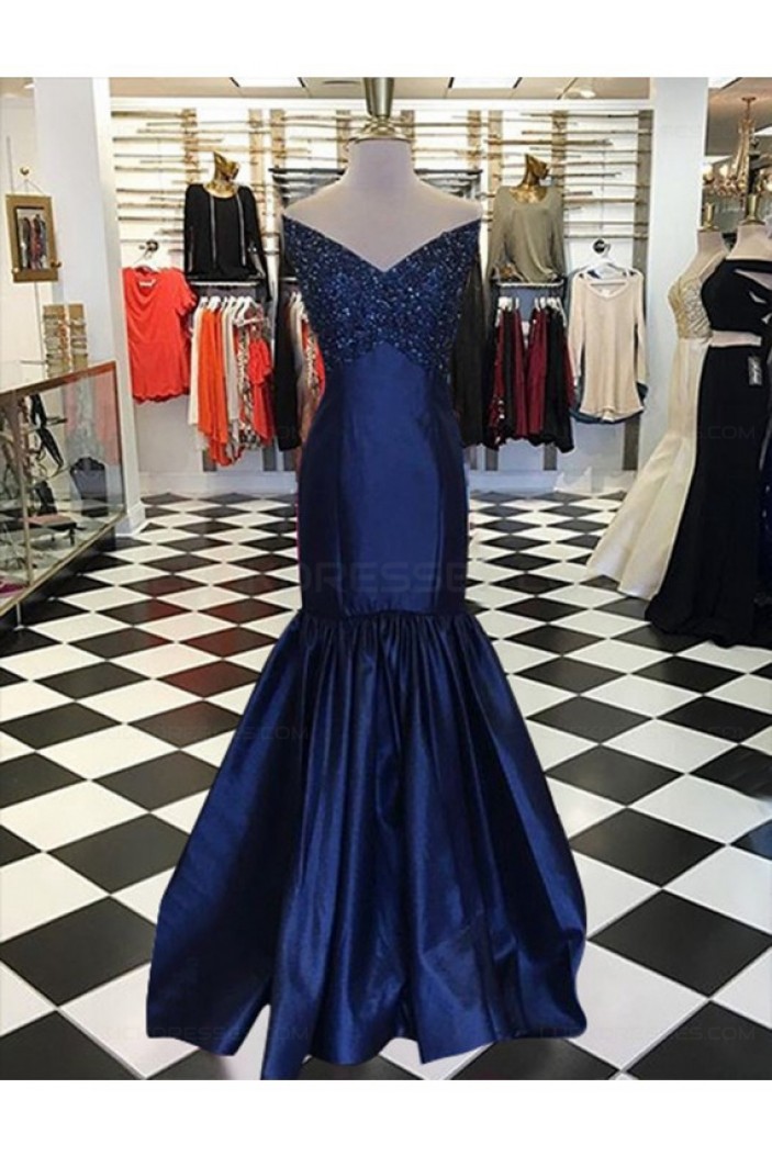 Mermaid Off-the-Shoulder V-Neck Long Blue Prom Dresses Party Evening Gowns 3020304