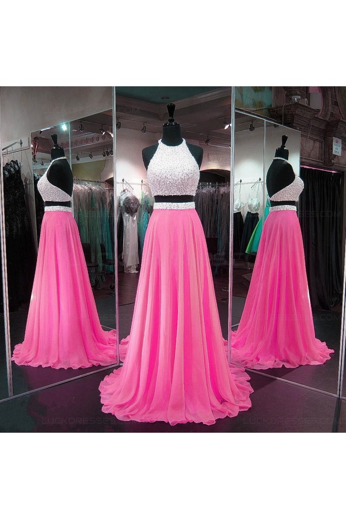 Long Pink Two Pieces Beaded Sequins Chiffon Prom Dresses Party Evening Gowns 3020311