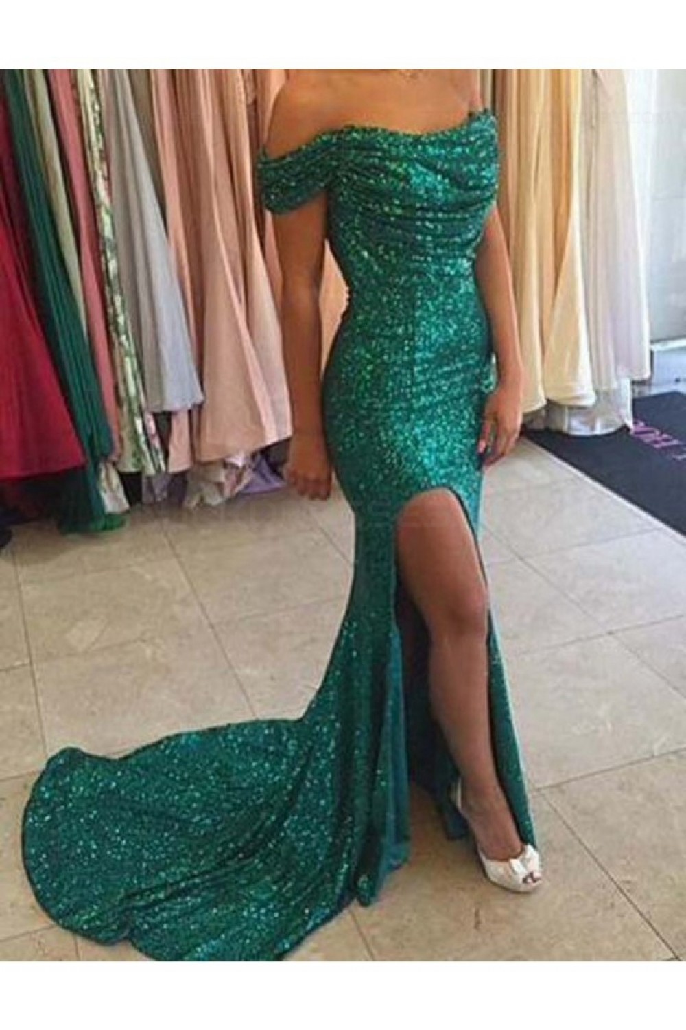 green sequin prom dress