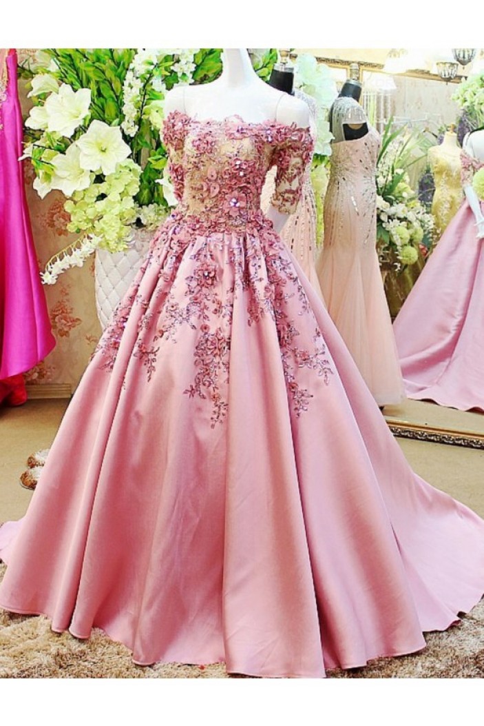 A-Line Off-the-Shoulder Short Sleeve Long Pink Prom Dresses Party Evening Gowns 3020331