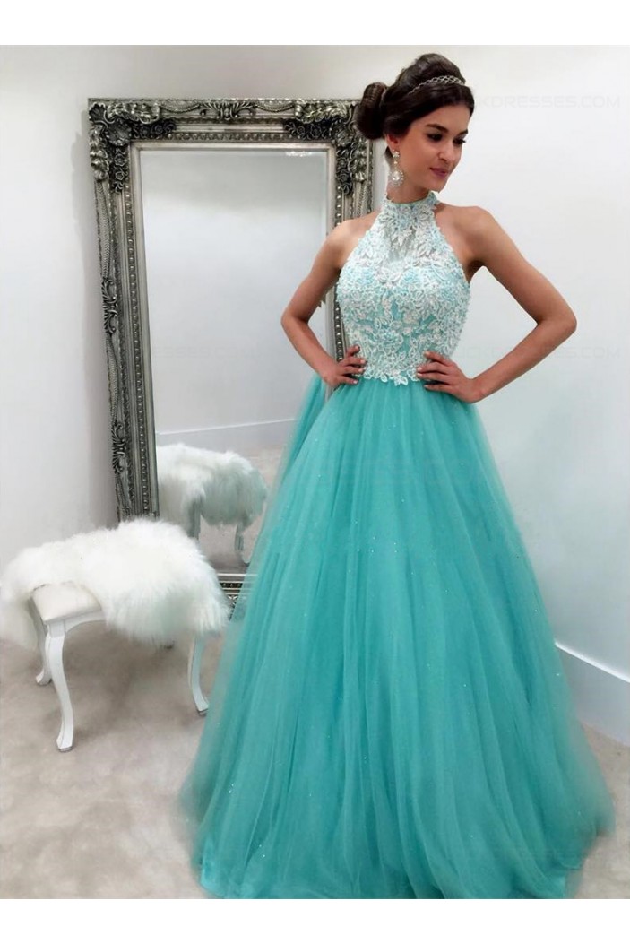 Halter Lace and Tulle Long Prom Dresses Party Evening Gowns 3020346
