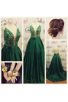 Long Green Spaghetti Straps Lace Satin Prom Dresses Party Evening Gowns 3020355