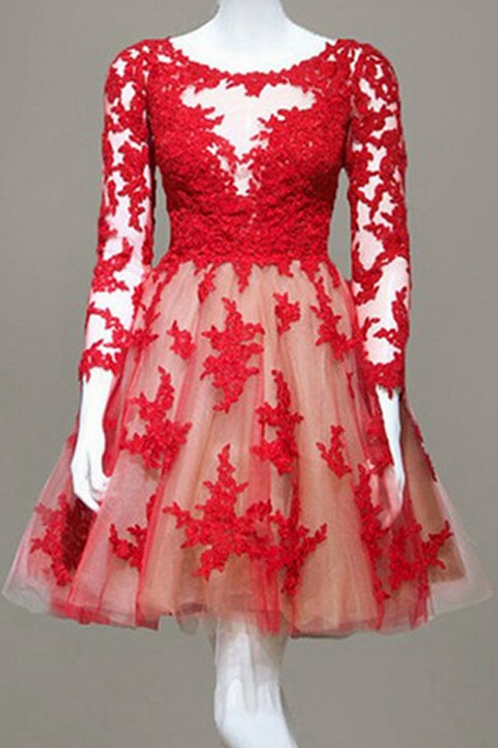 Long Sleeves Lace Red Short Cocktail Prom Dresses 3020366