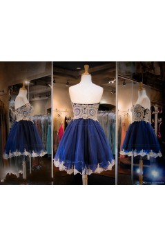 Short Blue Sweetheart Gold Lace Appliques Homecoming Cocktail Prom Dresses 3020379