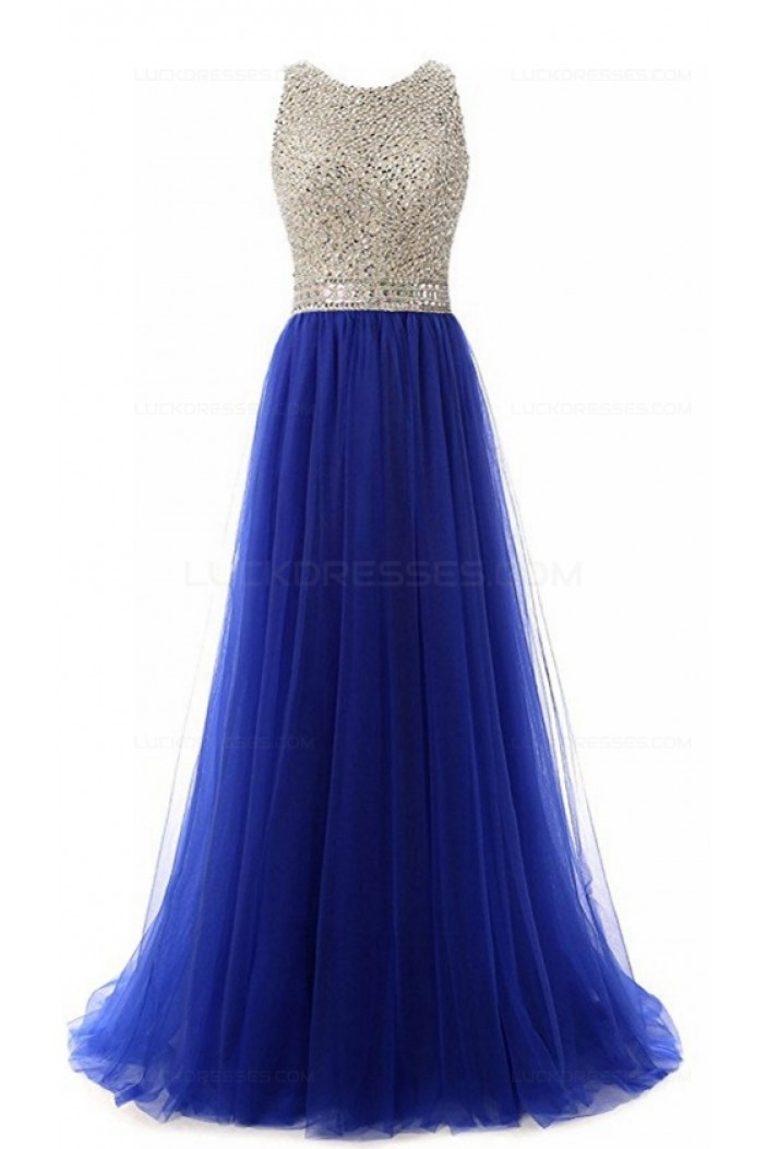 A-Line Long Blue Beaded Sequins Tulle Prom Dresses Party Evening Gowns 3020381
