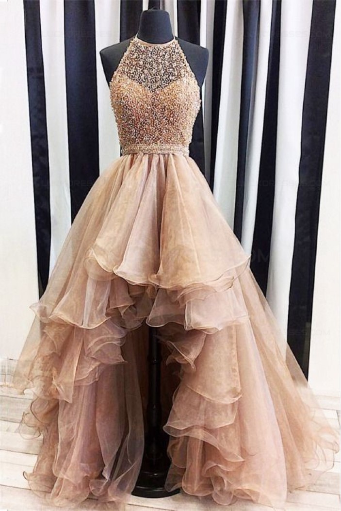 Beaded Halter High Low Prom Dresses Party Evening Gowns 3020382