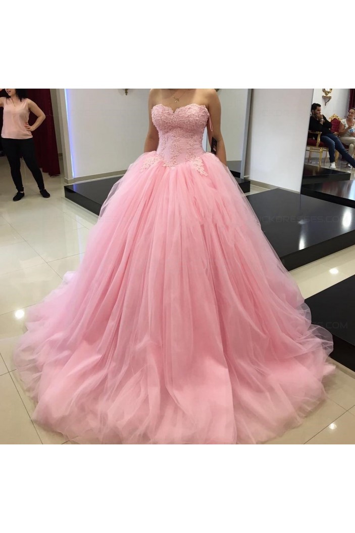 Ball Gown Sweetheart Pink Lace Tulle Prom Dresses Party Evening Gowns 3020401