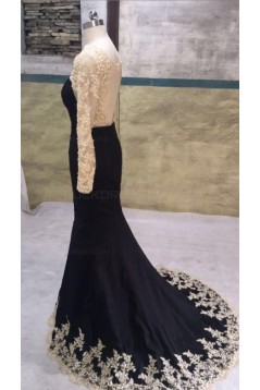 Long Black Mermaid Gold Lace Appliques Long Sleeves Prom Dresses Party Evening Gowns 3020405