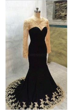 Long Black Mermaid Gold Lace Appliques Long Sleeves Prom Dresses Party Evening Gowns 3020405