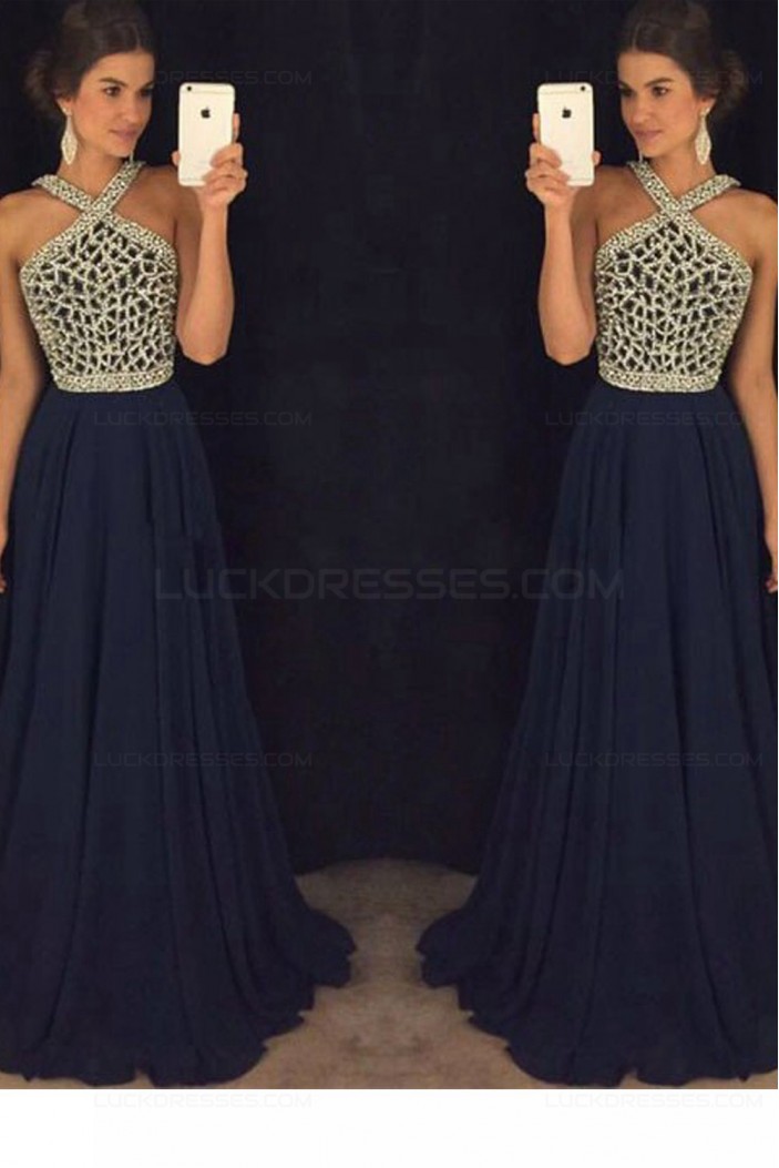 A-Line Beaded Long Navy Chiffon Prom Dresses Party Evening Gowns 3020410