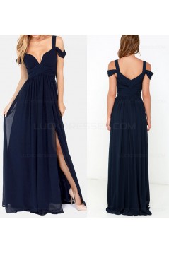 Long Navy Chiffon Side Slit Prom Dresses Party Evening Gowns 3020442