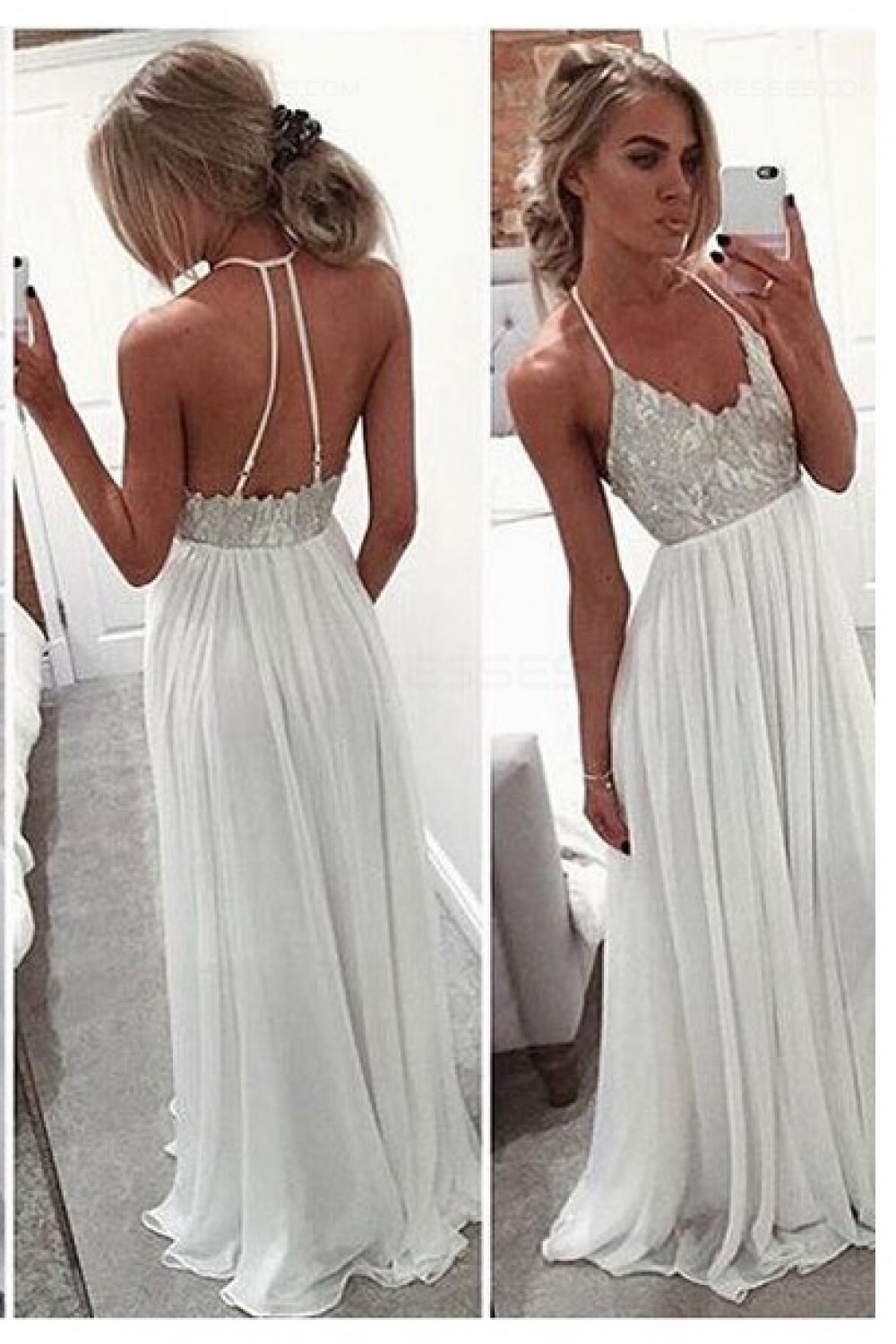 Long White Spaghetti Straps Chiffon Prom Dresses Party Evening Gowns ...