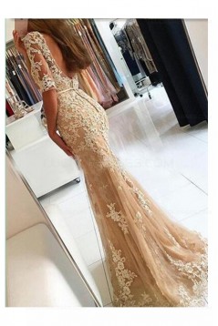 Mermaid Short Sleeves Lace Appliques Long Prom Dresses Party Evening Gowns 3020462