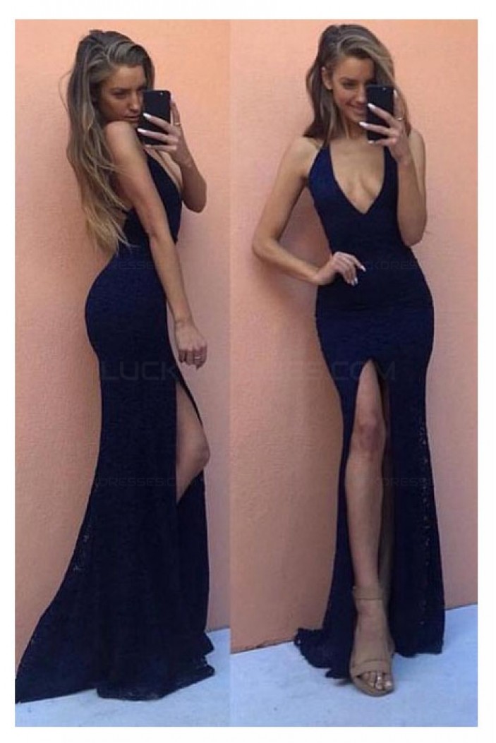 Sexy Mermaid Long Navy Lace V-Neck Prom Dresses Party Evening Gowns 3020465