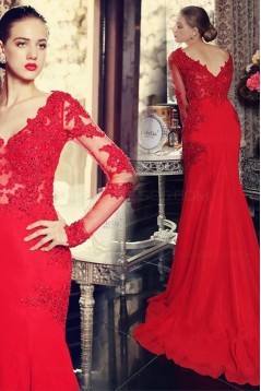 Long Sleeves Mermaid Red Lace Prom Dresses Party Evening Gowns 3020474