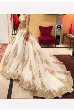 Gold Lace Appliques Long Sleeves Prom Dresses Party Evening Gowns 3020478