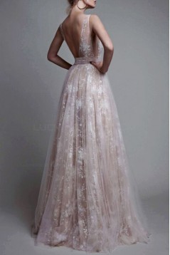 Sexy Low V-Neck Lace Tulle Long Prom Dresses Left Picture 3020493