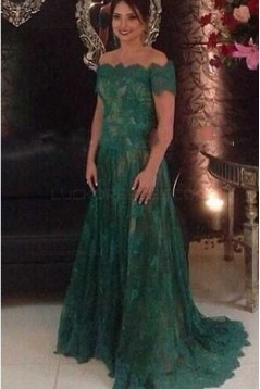 Long Green Lace Off-the-Shoulder Prom Dresses Party Evening Gowns 3020498