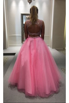Beaded Two Pieces Long Pink Keyhole Back Prom Dresses Party Evening Gowns 3020503