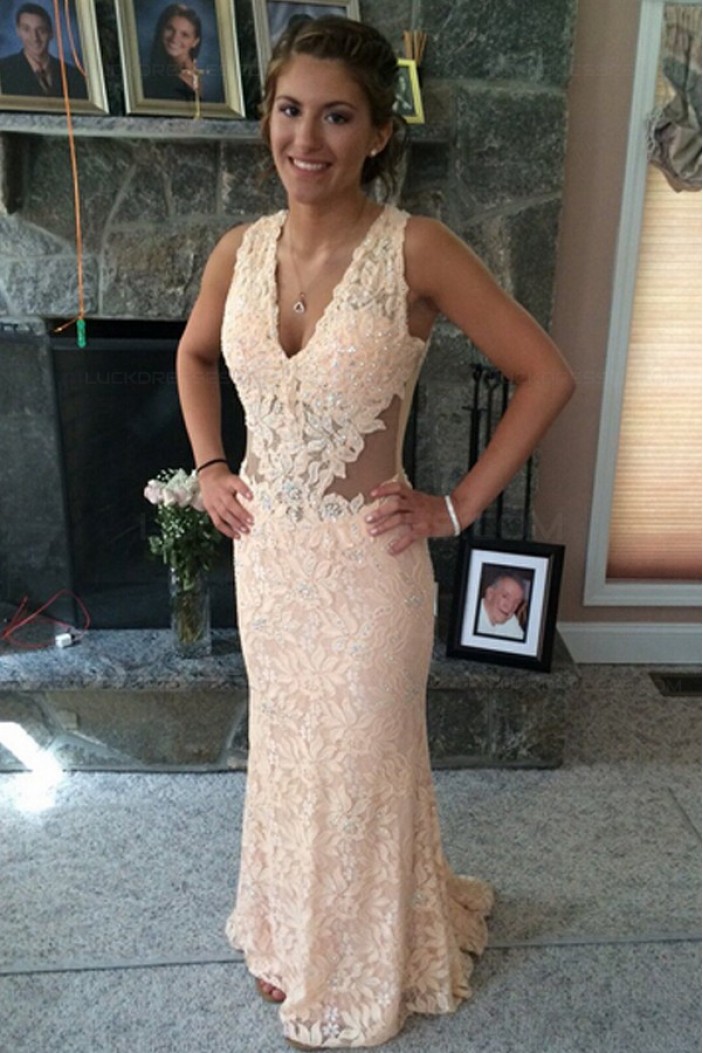 Lace Long V-Neck Prom Dresses Party Evening Gowns 3020519
