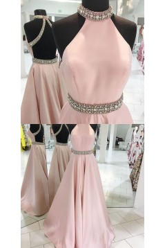 Long Pink Backless Beaded Halter Party Prom Evening Dresses 3020552