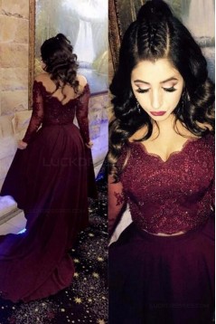 Assymetrical Two Pieces Lace Burgundy Long Evening Party Prom Dresses 3020556