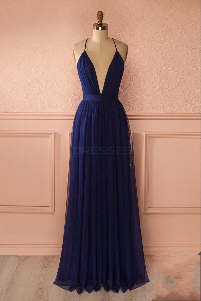 Sexy Long Blue Low V-Neck Simple Tulle Prom Party Dresses 3020562