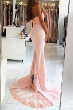 Elegant Mermaid Halter Lace Long Pink Prom Evening Dresses 3020563