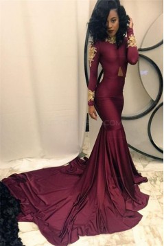 Sexy Mermaid Long Sleeves Prom Evening Dresses with Gold Lace Appliques 3020565