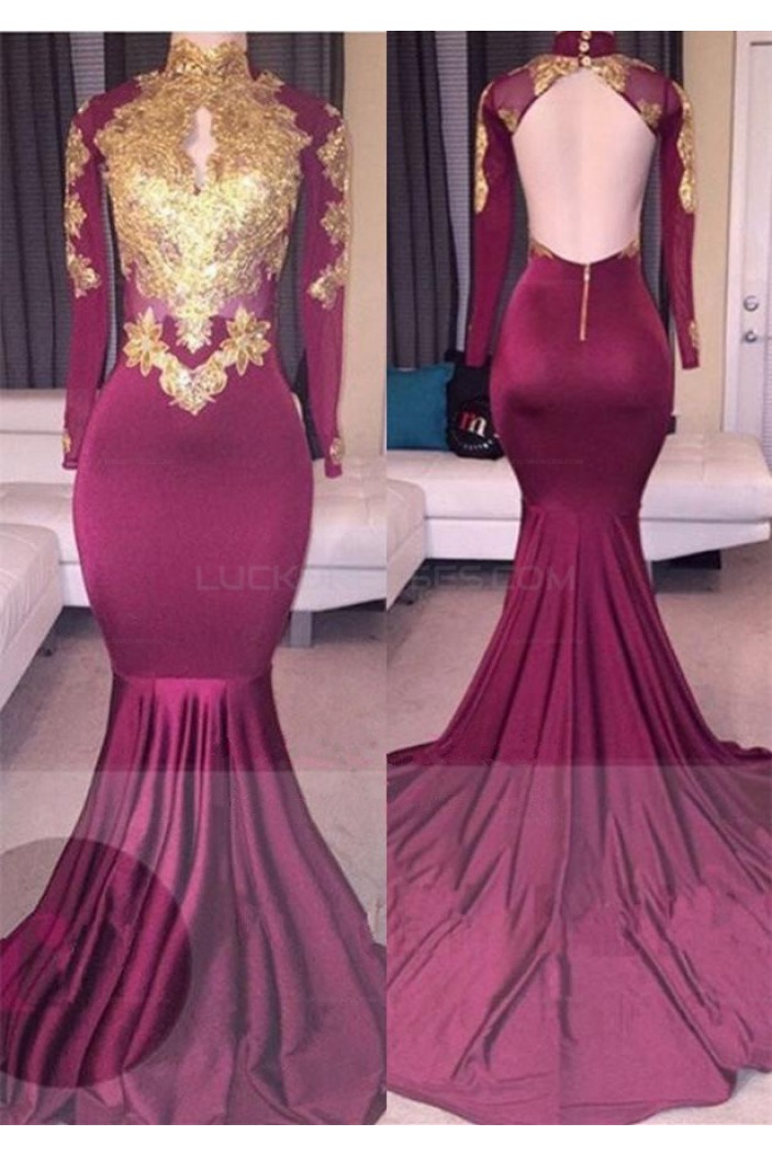 Mermaid High Neck Long Sleeves Prom Evening Dresses with Gold Appliques 3020571