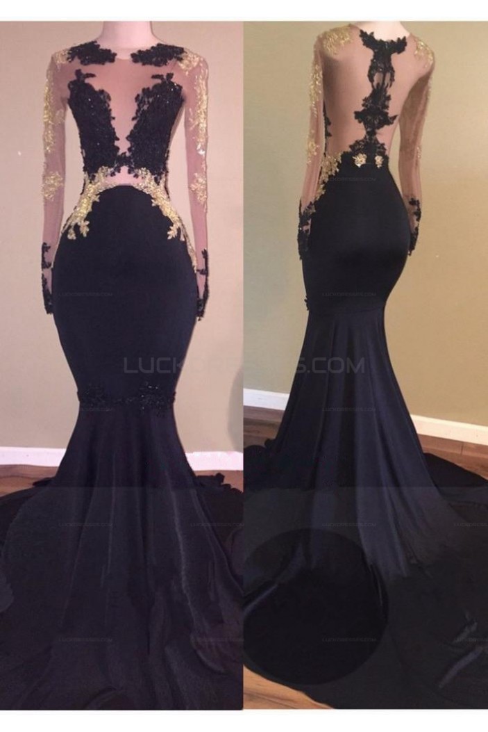 Mermaid Long Black High Neck Prom Evening Dresses with Gold Lace Appliques 3020573