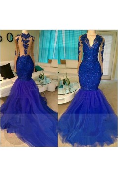 Long Blue V-Neck Mermaid Lace Prom Evening Dresses 3020576