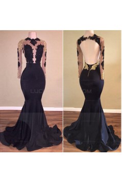 Sexy Mermaid Long Sleeves Prom Evening Dresses with Gold Lace Appliques 3020587