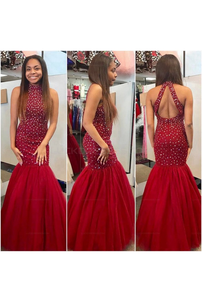 Mermaid Beaded Long Red Prom Evening Party Dresses 3020613