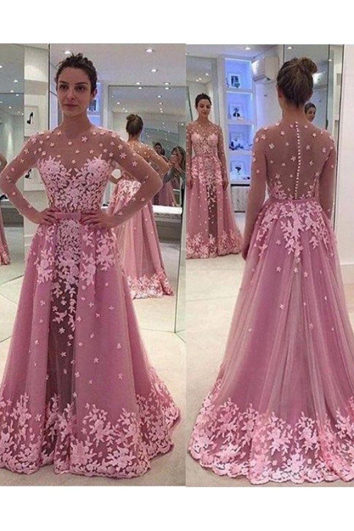 Long Sleeves Pink Lace Appliques Prom Evening Party Dresses 3020629