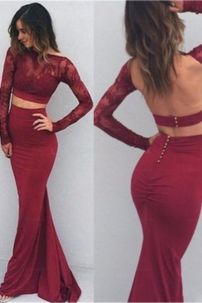 Long Sleeves Two Pieces Burgundy Prom Evening Party Dresses 3020636