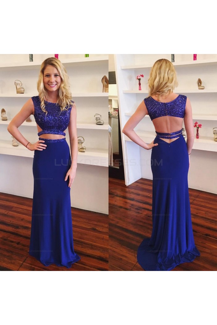 Beaded Two Pieces Royal Blue Long Prom Evening Party Dresses 3020656
