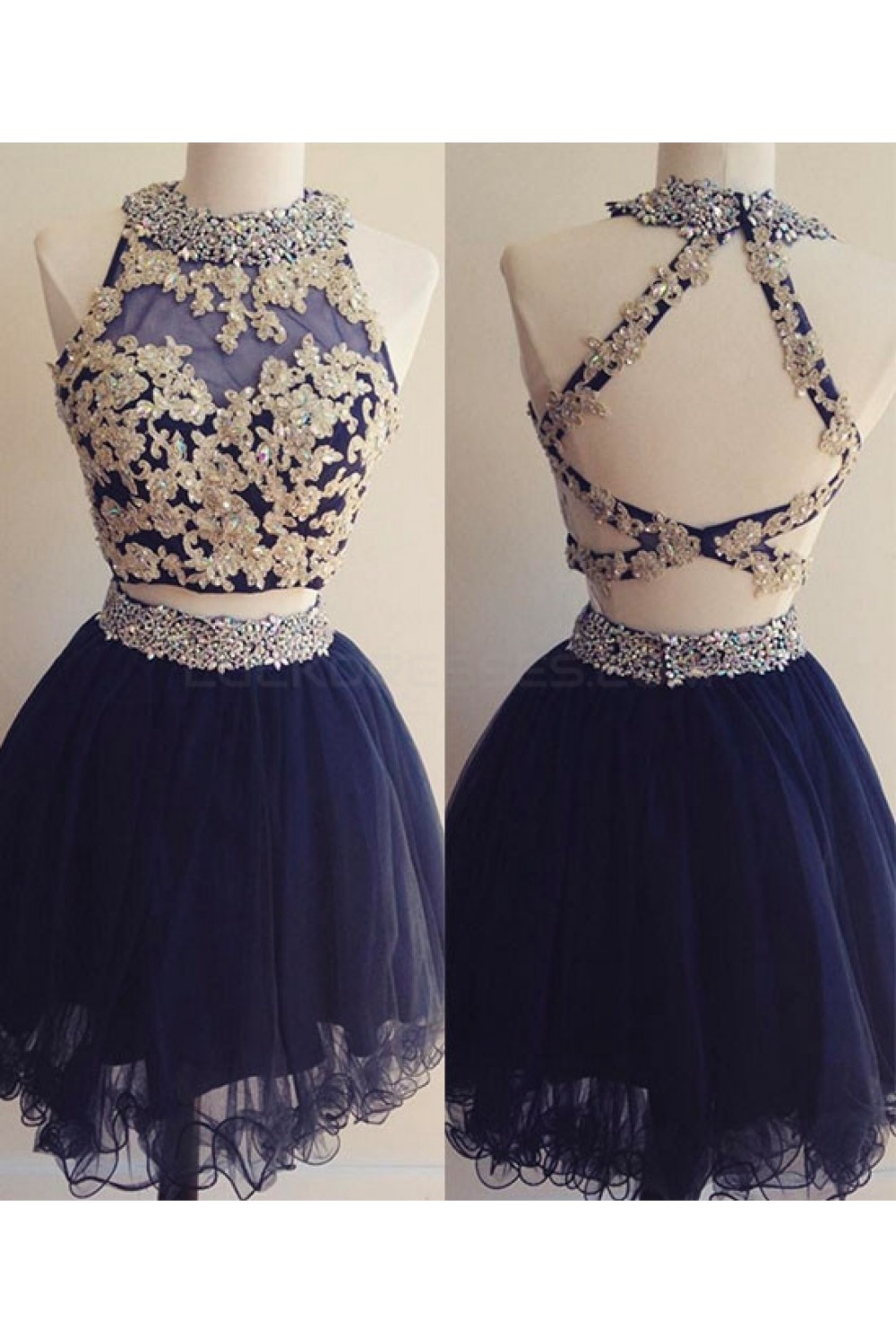 Short Two Pieces Navy Blue Beaded Lace Appliques Prom Homecoming ...