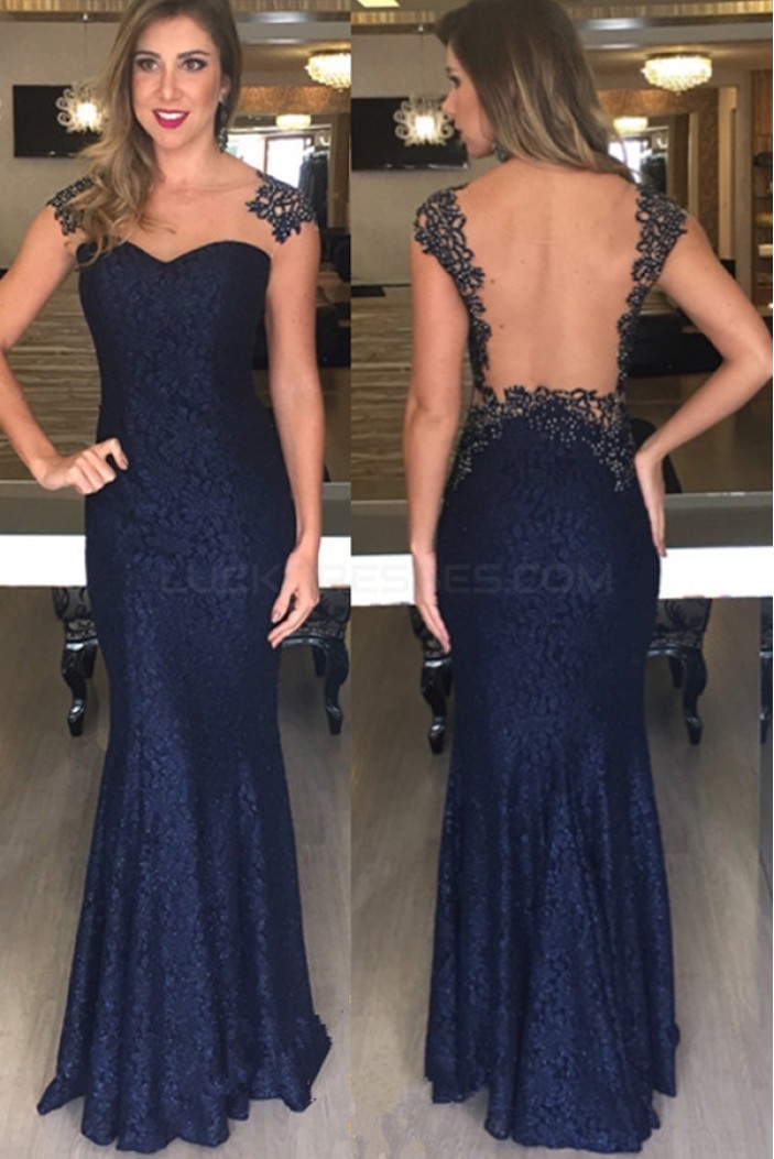 Mermaid Lace Long Navy Blue Prom Formal Evening Party Dresses 3020823