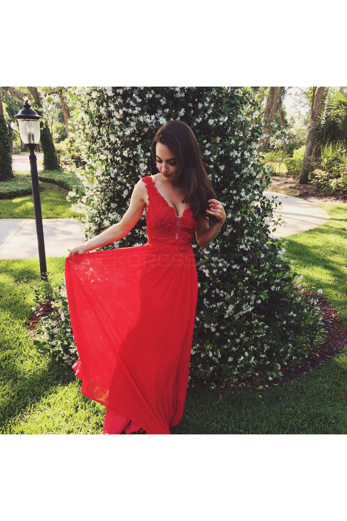 Long Red V-Neck Lace Chiffon Prom Formal Evening Party Dresses 3020844
