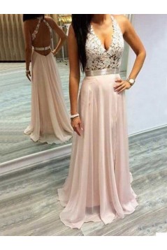 A-Line V-Neck Long Pink Lace Prom Formal Evening Party Dresses 3020893