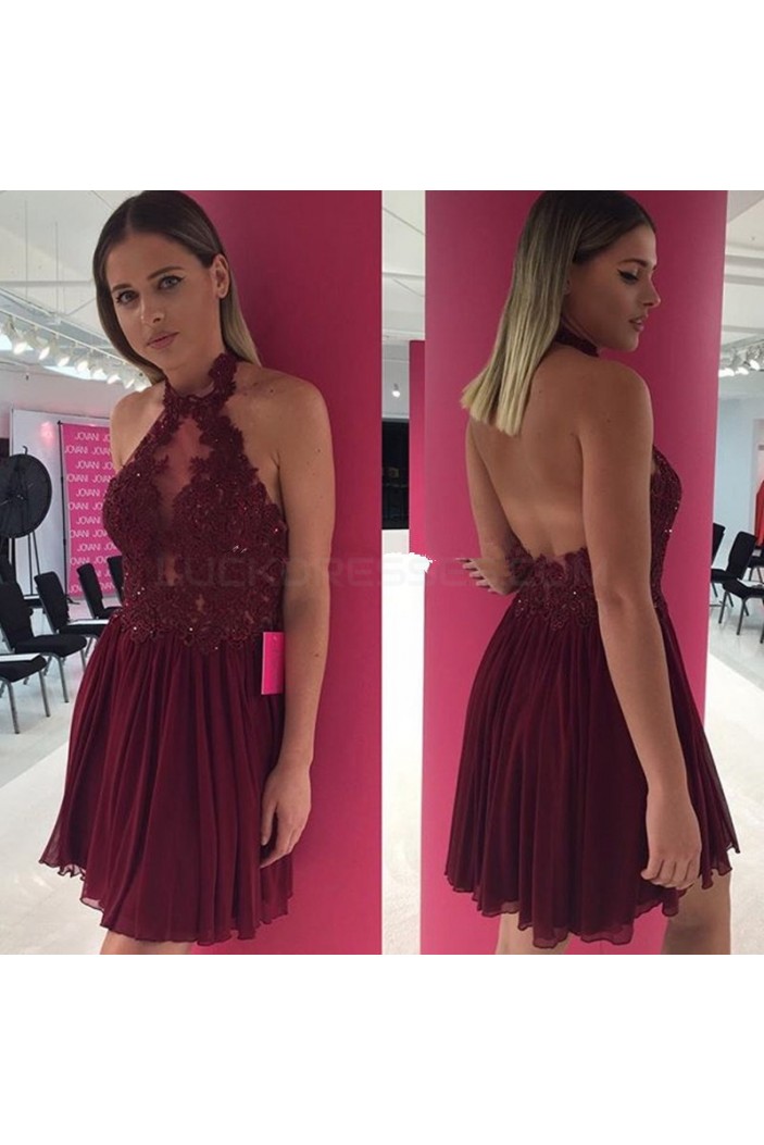 A-Line Halter Lace Chiffon Short Prom Homecoming Cocktail Graduation Dresses 3020896