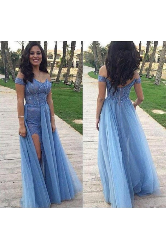 Long Blue Off-the-Shoulder Lace Tulle Prom Formal Evening Party Dresses 3020905