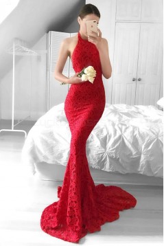 Mermaid Halter Long Red Backless Lace Prom Formal Evening Party Dresses 3020959