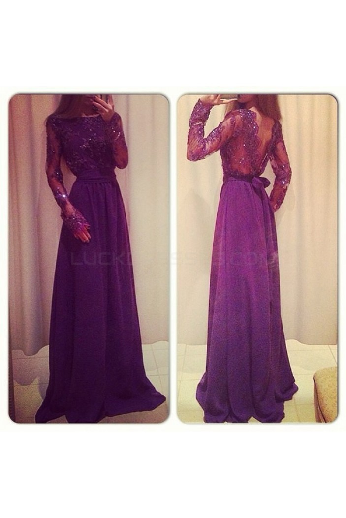 Long Sleeves Beaded Lace Chiffon Prom Formal Evening Party Dresses 3020972