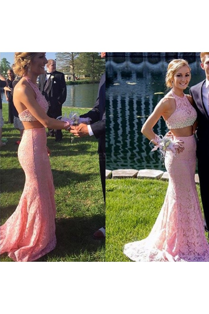 Beaded Long Pink Two Pieces Lace Halter Prom Formal Evening Party Dresses 3020983