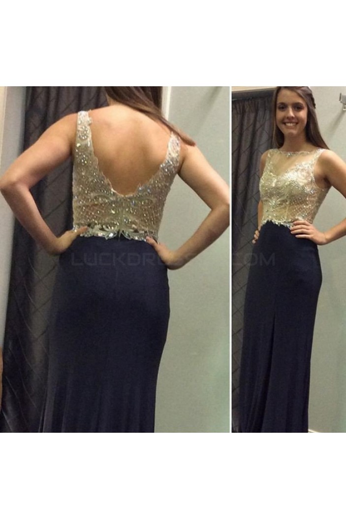 Long Navy Blue Beaded Prom Formal Evening Party Dresses 3020992