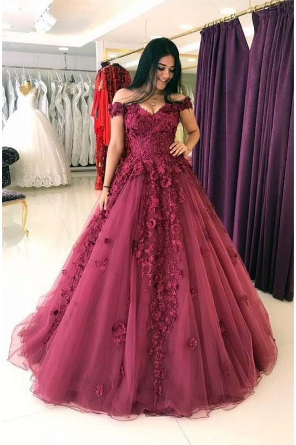 Affordable Ball Gown Lace Prom Dresses 