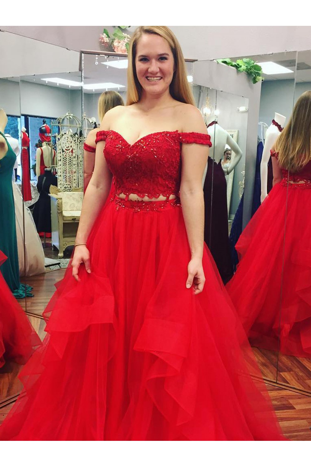 Inexpensive Two Pieces Prom Dresses Long Red Lace Prom Dresses Evening ...