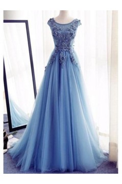 A-Line Long Blue Lace Prom Dresses Formal Evening Dresses 601015